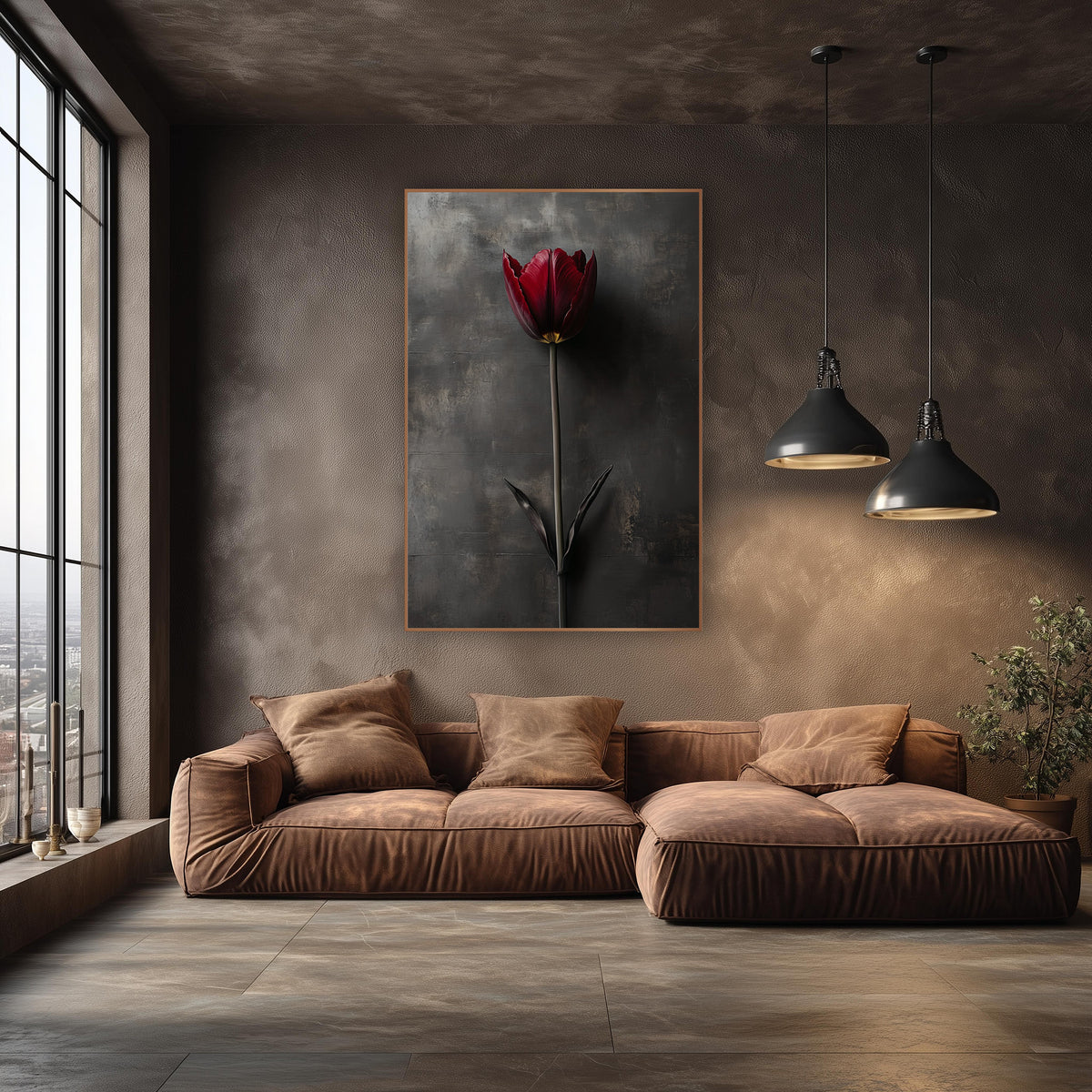 Slate Wall Tulip Leaves Photographic wall art in an elegant modern room – single burgundy tulip on a long stem