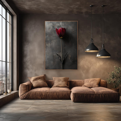 Slate Wall Tulip Leaves Photographic wall art in an elegant modern room – single burgundy tulip on a long stem