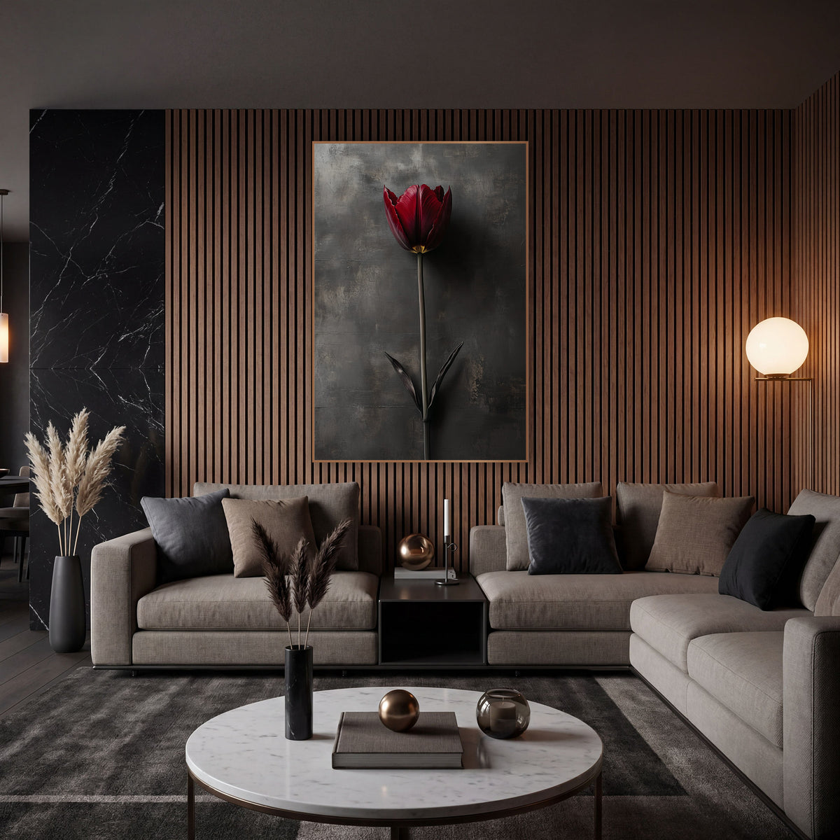 Slate Wall Tulip Leaves Photographic wall art in an elegant modern room – single burgundy tulip on a long stem