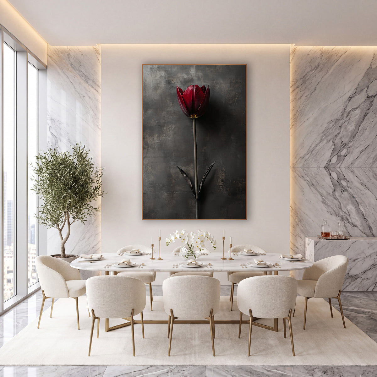 Slate Wall Tulip Leaves Photographic wall art in an elegant modern room – single burgundy tulip on a long stem