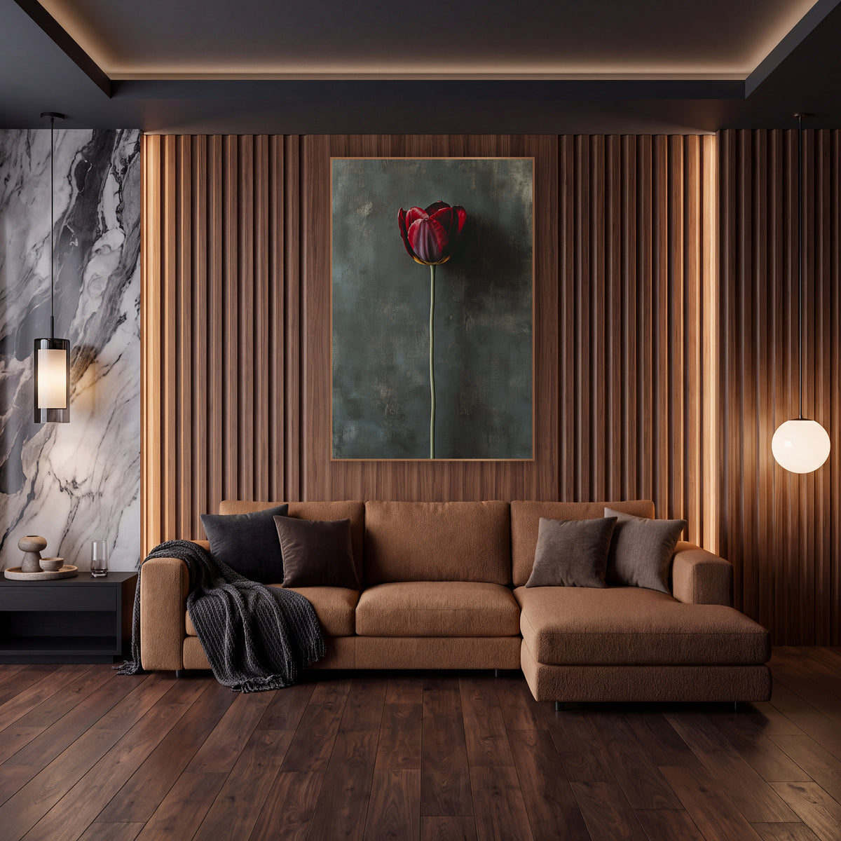 Teal Wall Tall Stem Tulip wall art in an elegant modern room – single burgundy tulip on a tall green stem