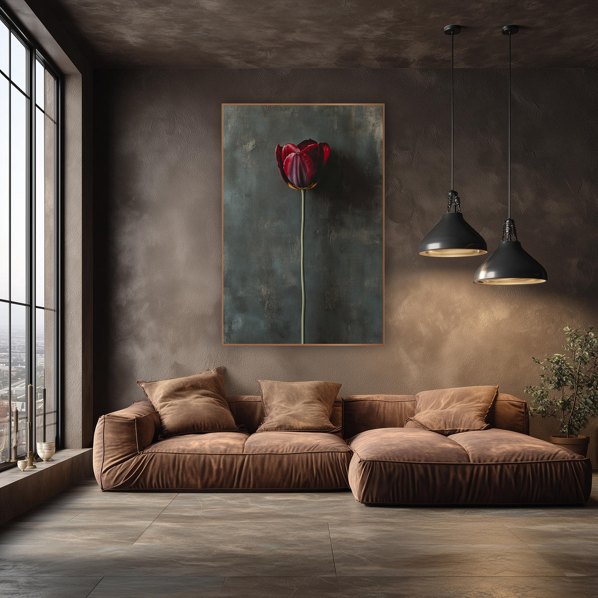Teal Wall Tall Stem Tulip wall art in an elegant modern room – single burgundy tulip on a tall green stem