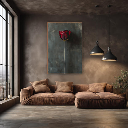 Teal Wall Tall Stem Tulip wall art in an elegant modern room – single burgundy tulip on a tall green stem