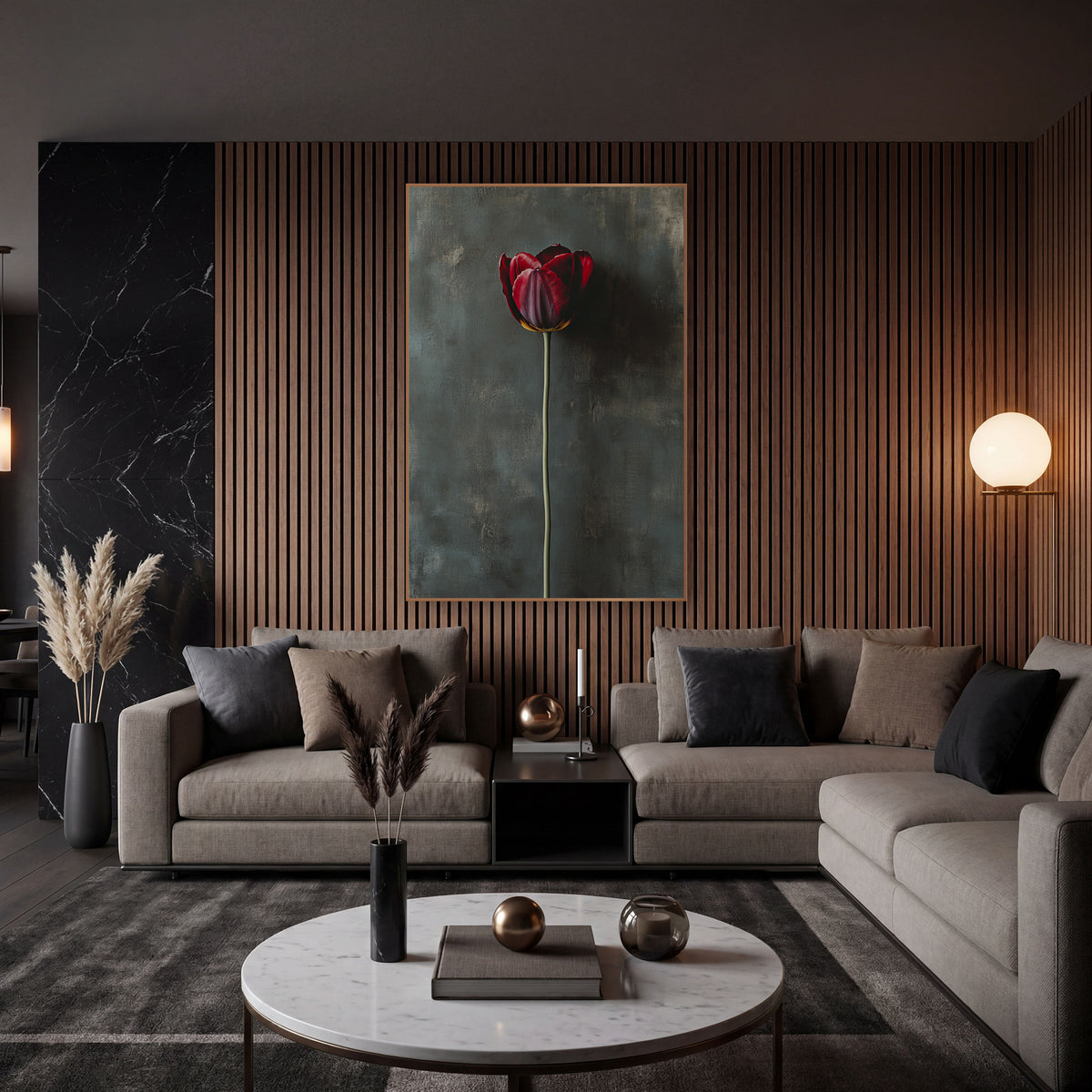 Teal Wall Tall Stem Tulip wall art in an elegant modern room – single burgundy tulip on a tall green stem