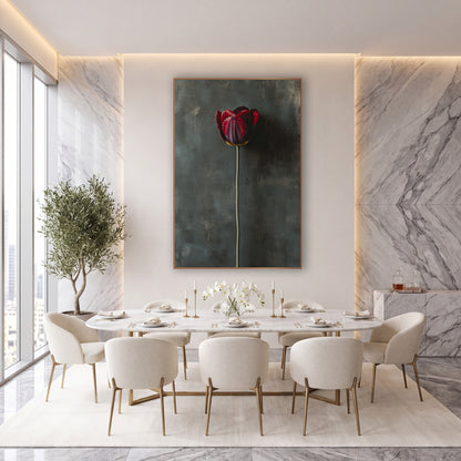 Teal Wall Tall Stem Tulip wall art in an elegant modern room – single burgundy tulip on a tall green stem