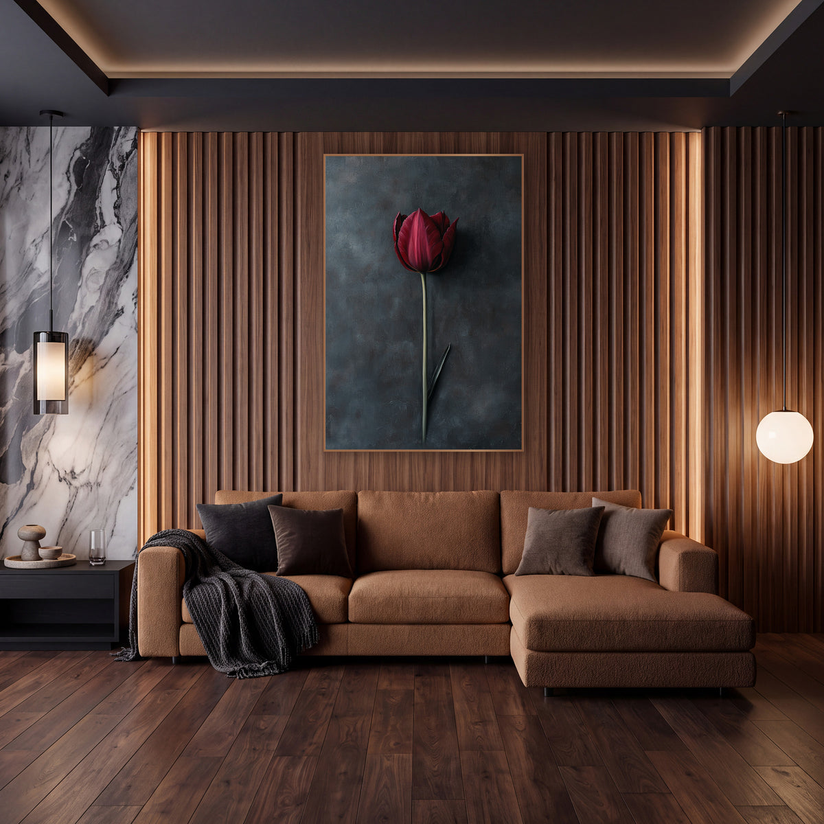 Crimson Tulip Shadow Painterly Blue wall art in an elegant modern room – single burgundy tulip on a long green stem