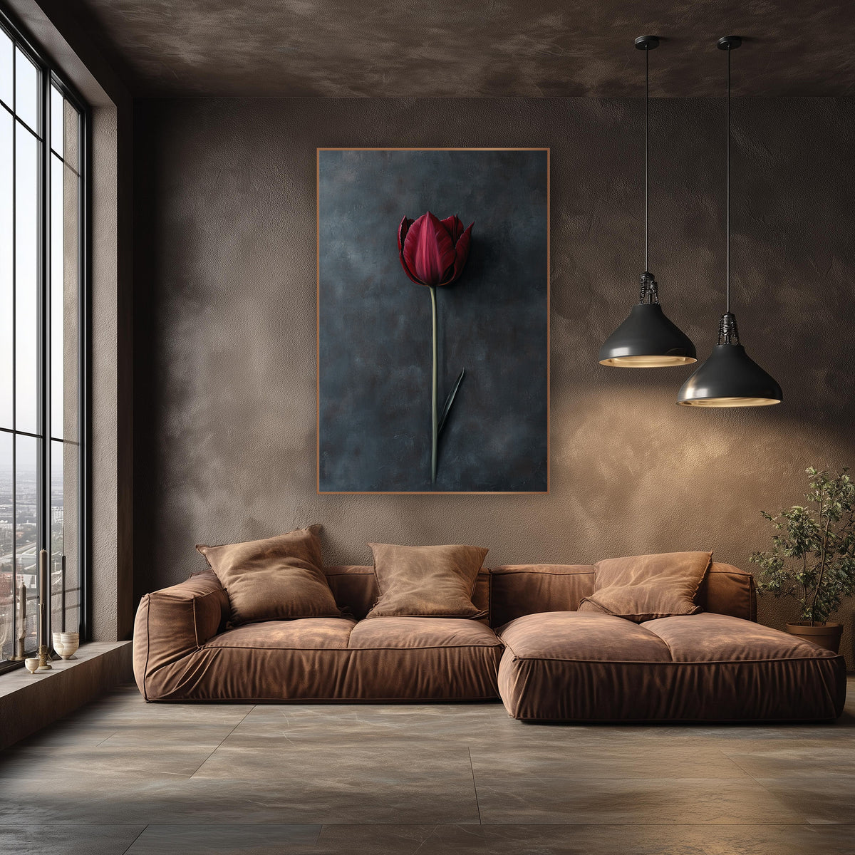 Crimson Tulip Shadow Painterly Blue wall art in an elegant modern room – single burgundy tulip on a long green stem