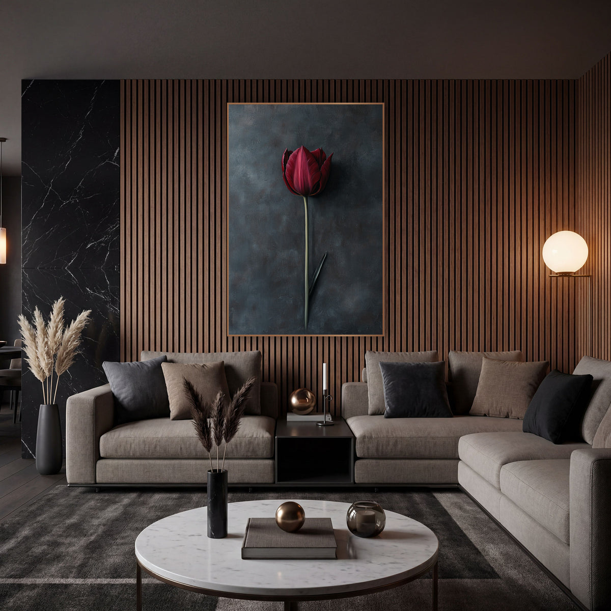 Crimson Tulip Shadow Painterly Blue wall art in an elegant modern room – single burgundy tulip on a long green stem