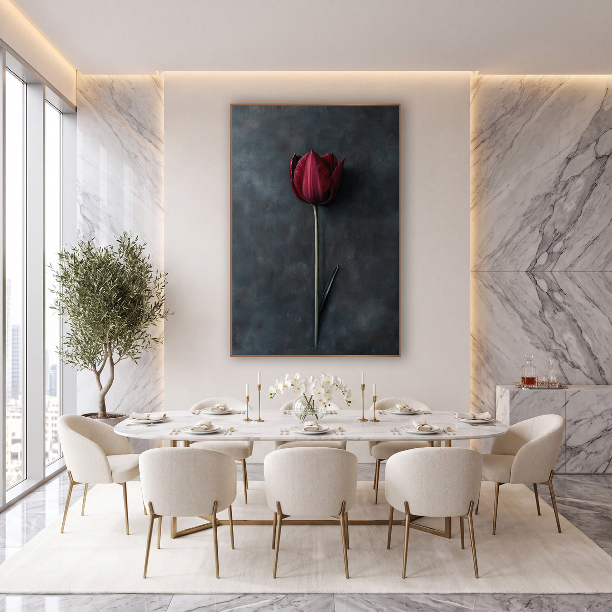 Crimson Tulip Shadow Painterly Blue wall art in an elegant modern room – single burgundy tulip on a long green stem