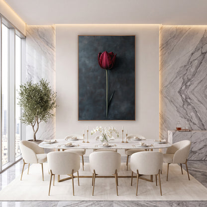 Crimson Tulip Shadow Painterly Blue wall art in an elegant modern room – single burgundy tulip on a long green stem