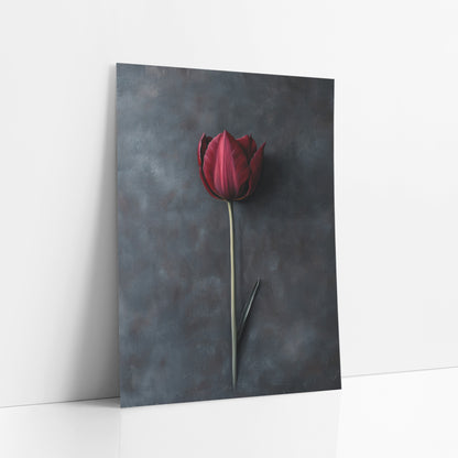 Crimson Tulip Shadow Painterly Blue art print leaning against a white wall – single burgundy tulip on a long green stem