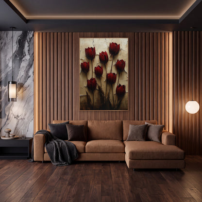 Burgundy Tulip Cracked Wall Luxe wall art in an elegant modern room – nine burgundy tulips on slim dark stems
