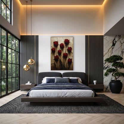Burgundy Tulip Cracked Wall Luxe wall art in an elegant modern room – nine burgundy tulips on slim dark stems