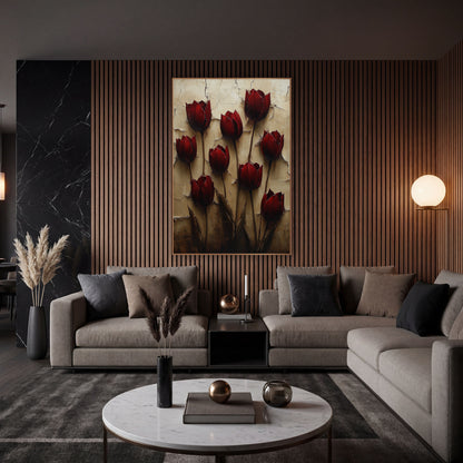 Burgundy Tulip Cracked Wall Luxe wall art in an elegant modern room – nine burgundy tulips on slim dark stems