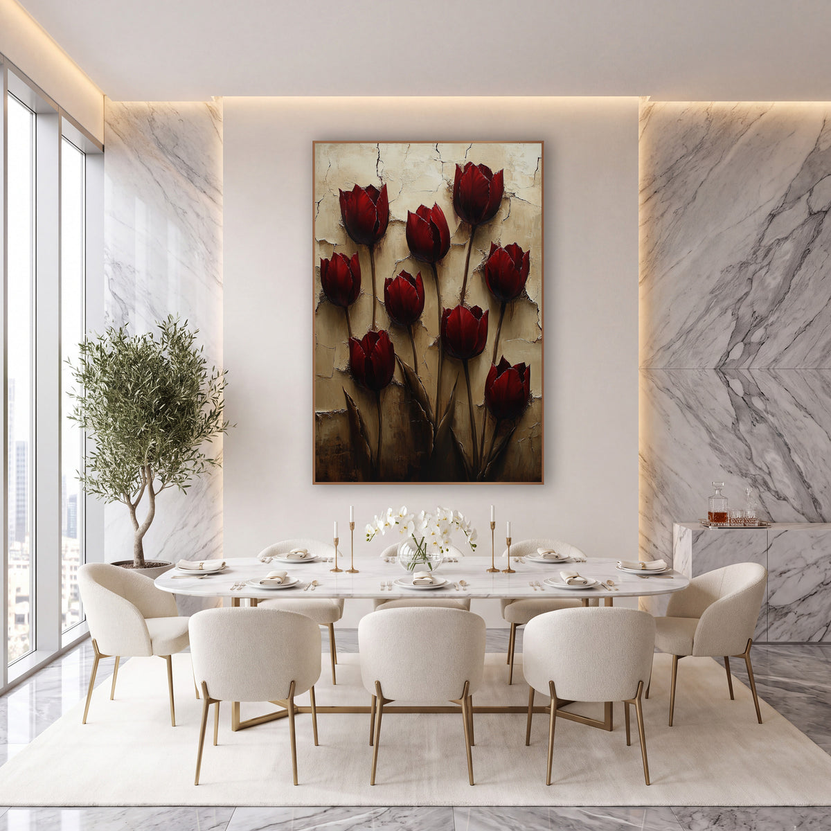 Burgundy Tulip Cracked Wall Luxe wall art in an elegant modern room – nine burgundy tulips on slim dark stems