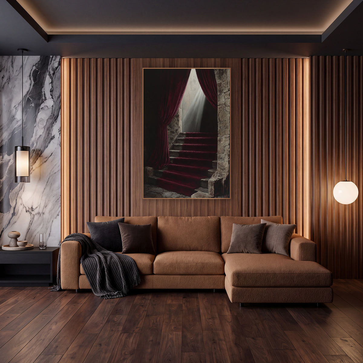 Burgundy Velvet Stone Staircase Moody wall art in an elegant modern room – burgundy velvet curtains frame a worn stone