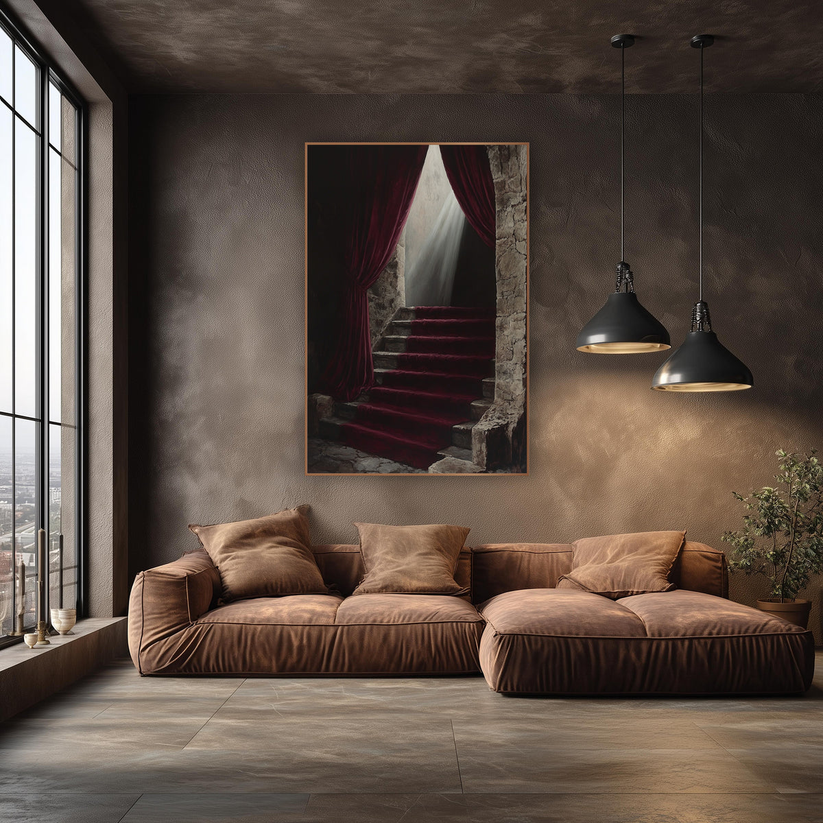 Burgundy Velvet Stone Staircase Moody wall art in an elegant modern room – burgundy velvet curtains frame a worn stone