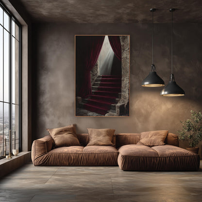 Burgundy Velvet Stone Staircase Moody wall art in an elegant modern room – burgundy velvet curtains frame a worn stone
