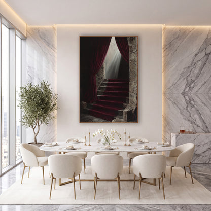 Burgundy Velvet Stone Staircase Moody wall art in an elegant modern room – burgundy velvet curtains frame a worn stone