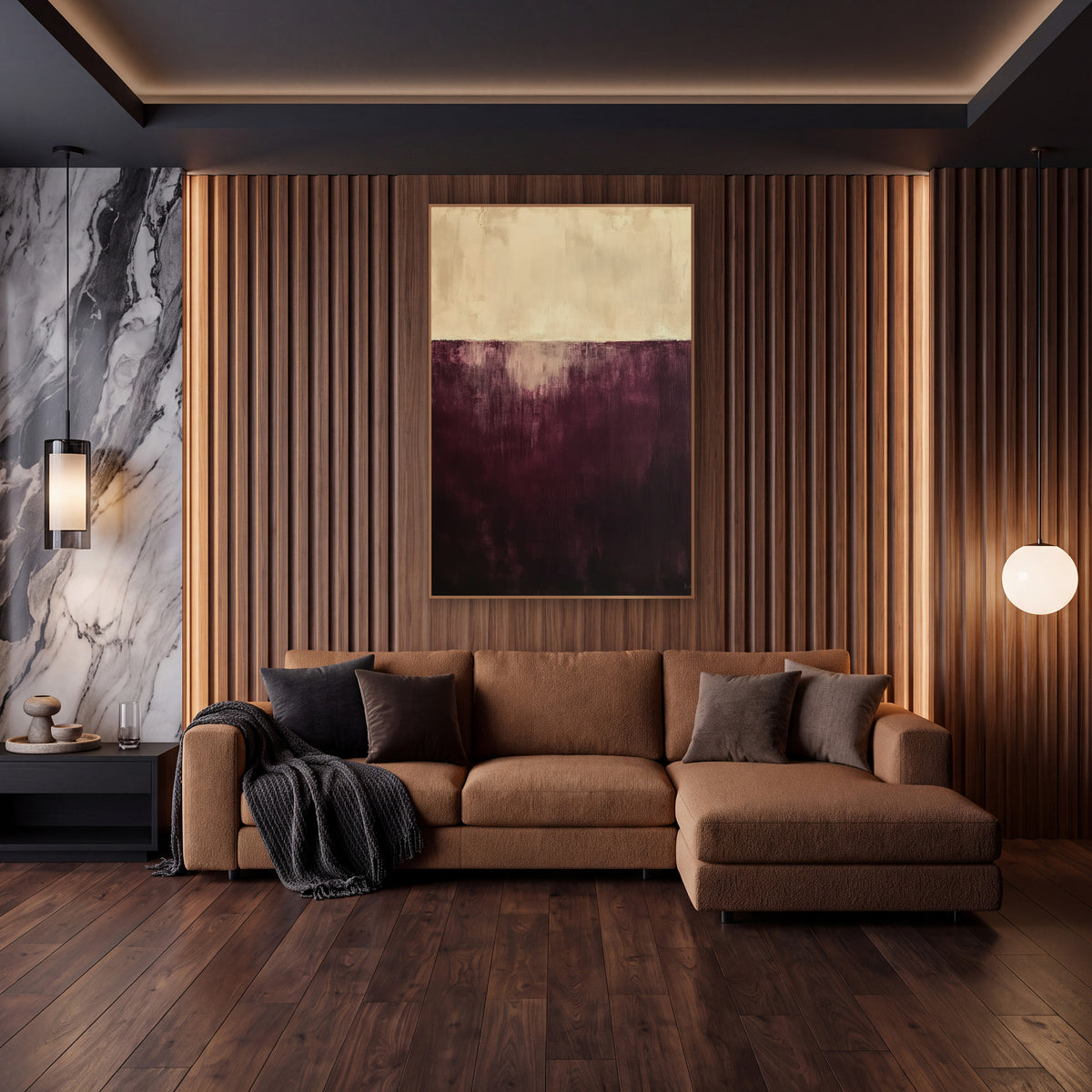 Burgundy Cream Horizon Abstract wall art in an elegant modern room – abstract artwork with a cream upper band above
