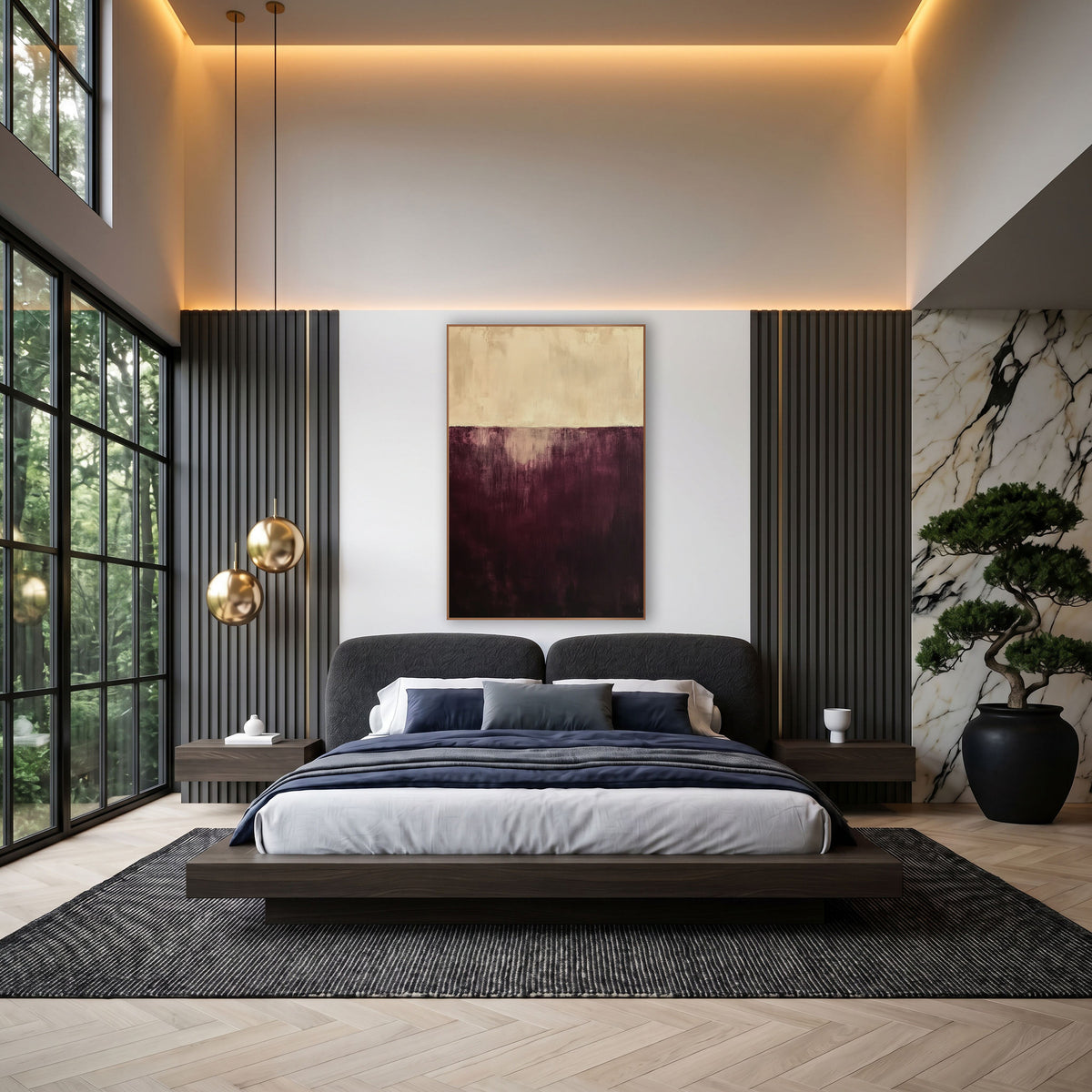 Burgundy Cream Horizon Abstract wall art in an elegant modern room – abstract artwork with a cream upper band above