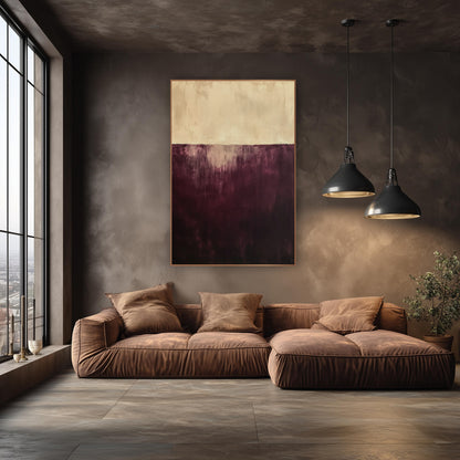 Burgundy Cream Horizon Abstract wall art in an elegant modern room – abstract artwork with a cream upper band above