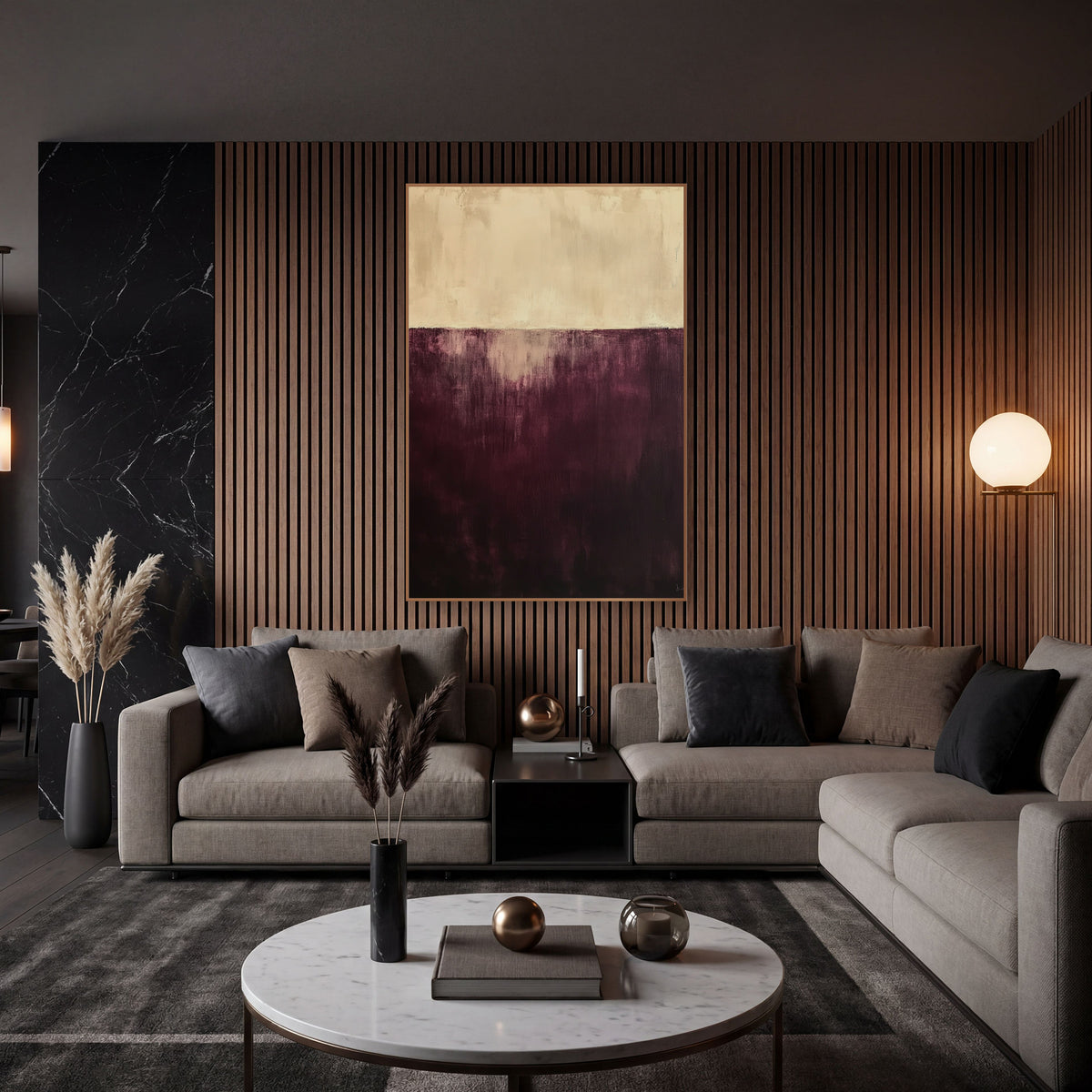 Burgundy Cream Horizon Abstract wall art in an elegant modern room – abstract artwork with a cream upper band above
