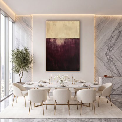 Burgundy Cream Horizon Abstract wall art in an elegant modern room – abstract artwork with a cream upper band above