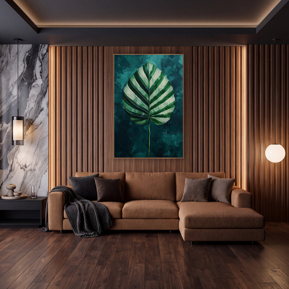 Centered Calathea Leaf Teal Painterly wall art in an elegant modern room – large heart-shaped leaf with cream