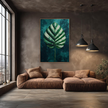 Centered Calathea Leaf Teal Painterly wall art in an elegant modern room – large heart-shaped leaf with cream