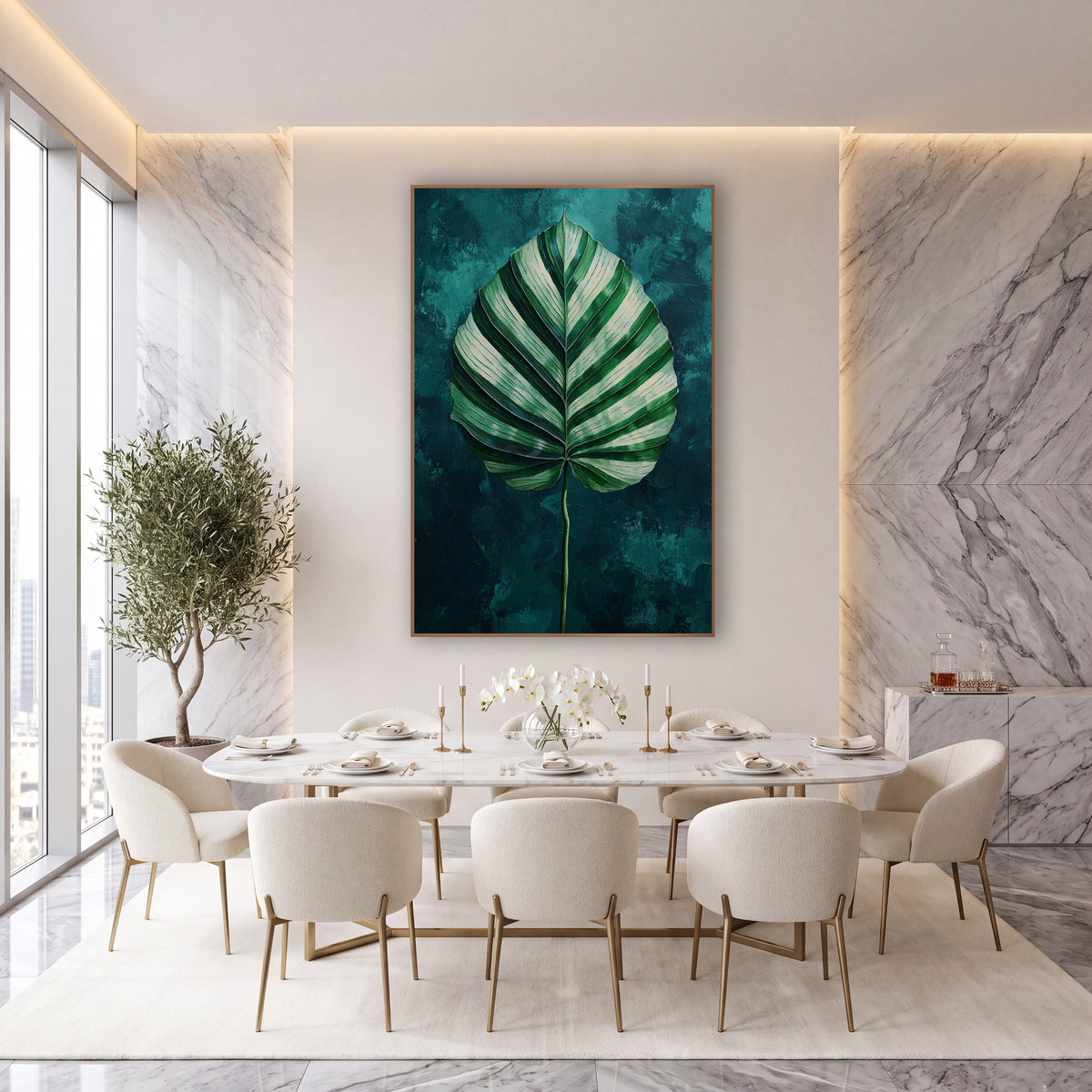 Centered Calathea Leaf Teal Painterly wall art in an elegant modern room – large heart-shaped leaf with cream