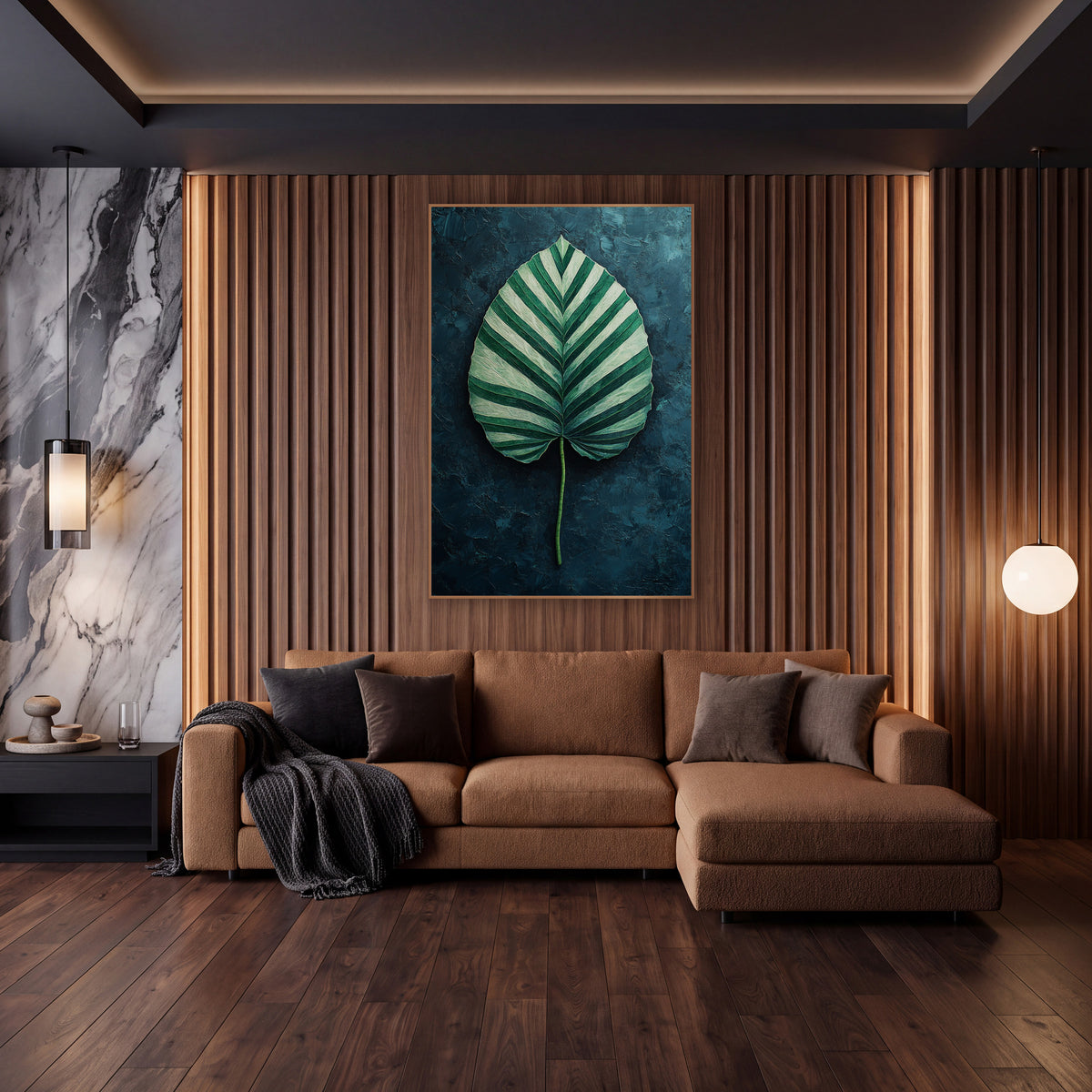 Striped Calathea Leaf Moody Botanical wall art in an elegant modern room – heart-shaped leaf with deep green and mint