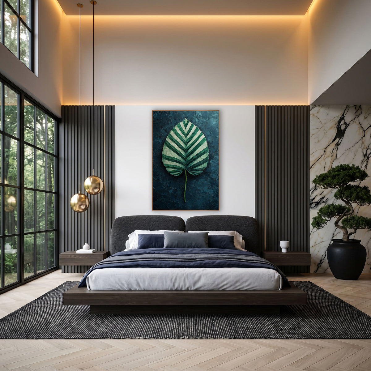 Striped Calathea Leaf Moody Botanical wall art in an elegant modern room – heart-shaped leaf with deep green and mint