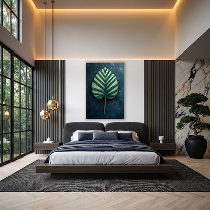 Striped Calathea Leaf Moody Botanical wall art in an elegant modern room – heart-shaped leaf with deep green and mint