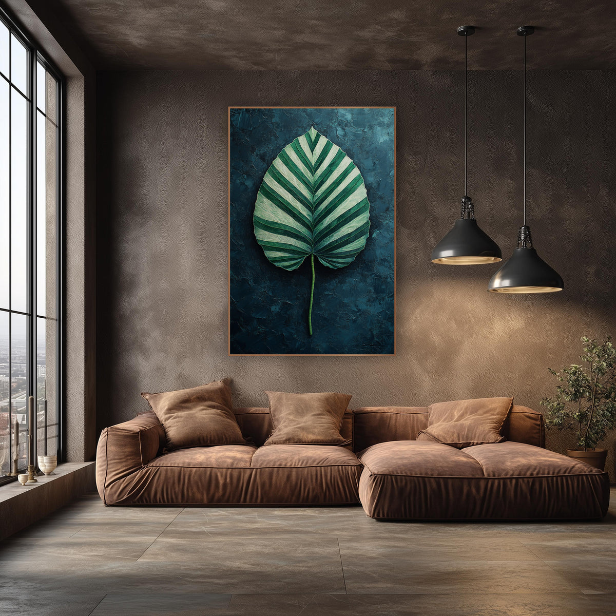 Striped Calathea Leaf Moody Botanical wall art in an elegant modern room – heart-shaped leaf with deep green and mint