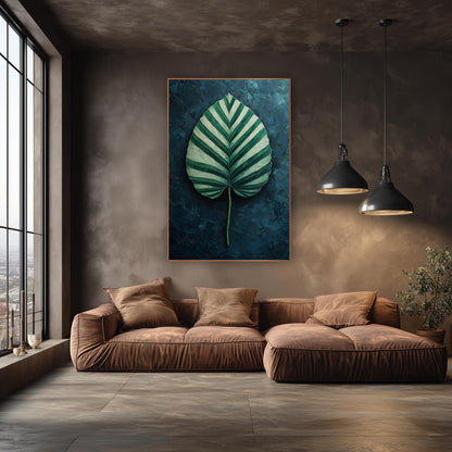 Striped Calathea Leaf Moody Botanical wall art in an elegant modern room – heart-shaped leaf with deep green and mint