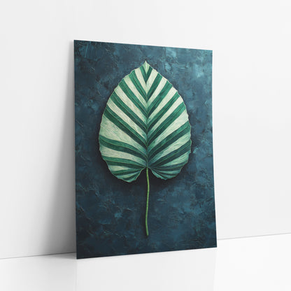 Striped Calathea Leaf Moody Botanical art print leaning against a white wall – heart-shaped leaf with deep green and mint