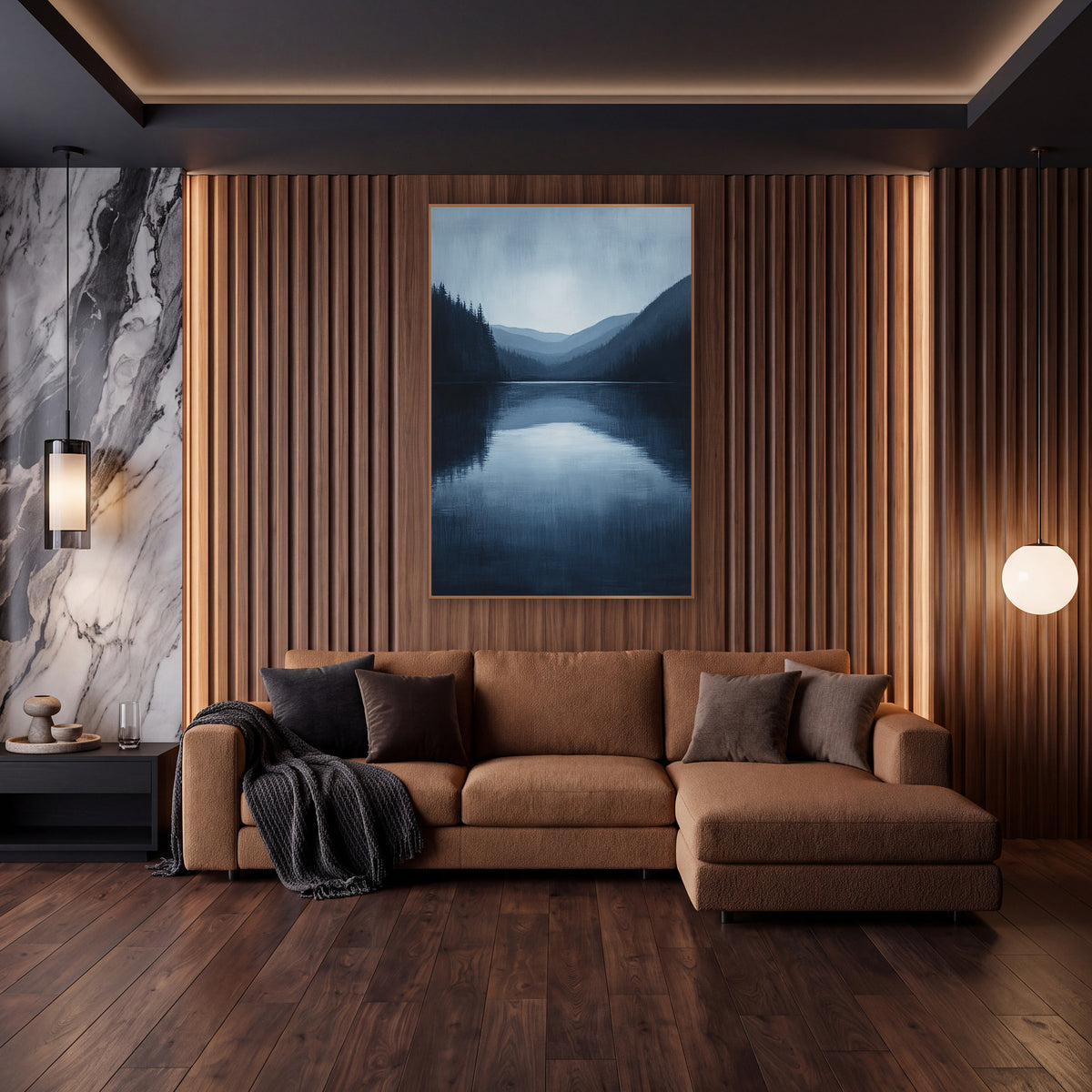 Midnight Blue Mountain Lake Landscape wall art in an elegant modern room – still navy blue lake framed by dark