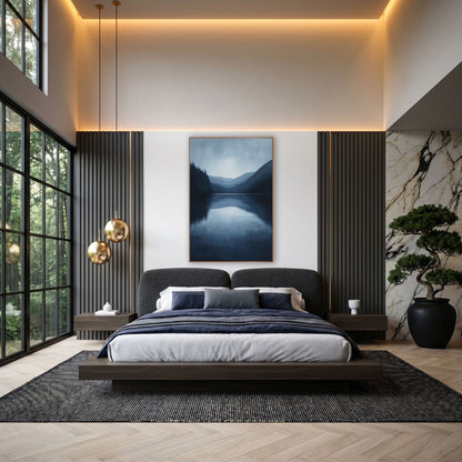 Midnight Blue Mountain Lake Landscape wall art in an elegant modern room – still navy blue lake framed by dark