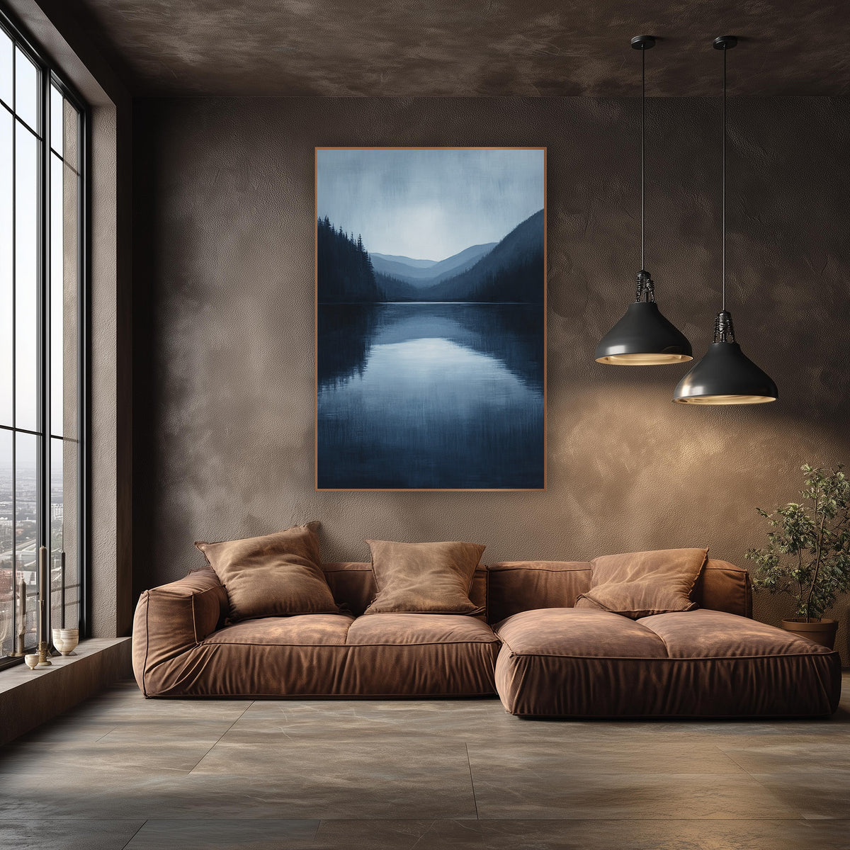 Midnight Blue Mountain Lake Landscape wall art in an elegant modern room – still navy blue lake framed by dark