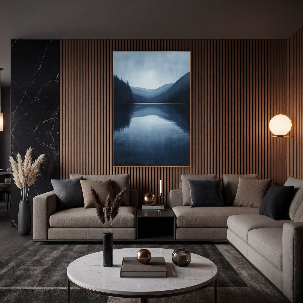 Midnight Blue Mountain Lake Landscape wall art in an elegant modern room – still navy blue lake framed by dark