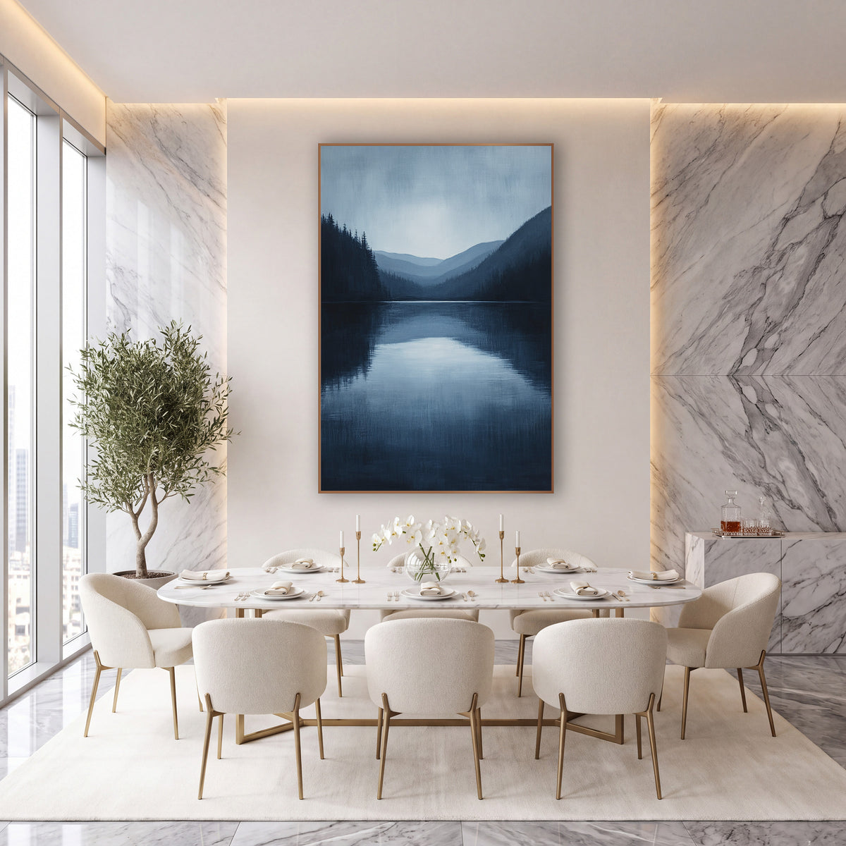 Midnight Blue Mountain Lake Landscape wall art in an elegant modern room – still navy blue lake framed by dark