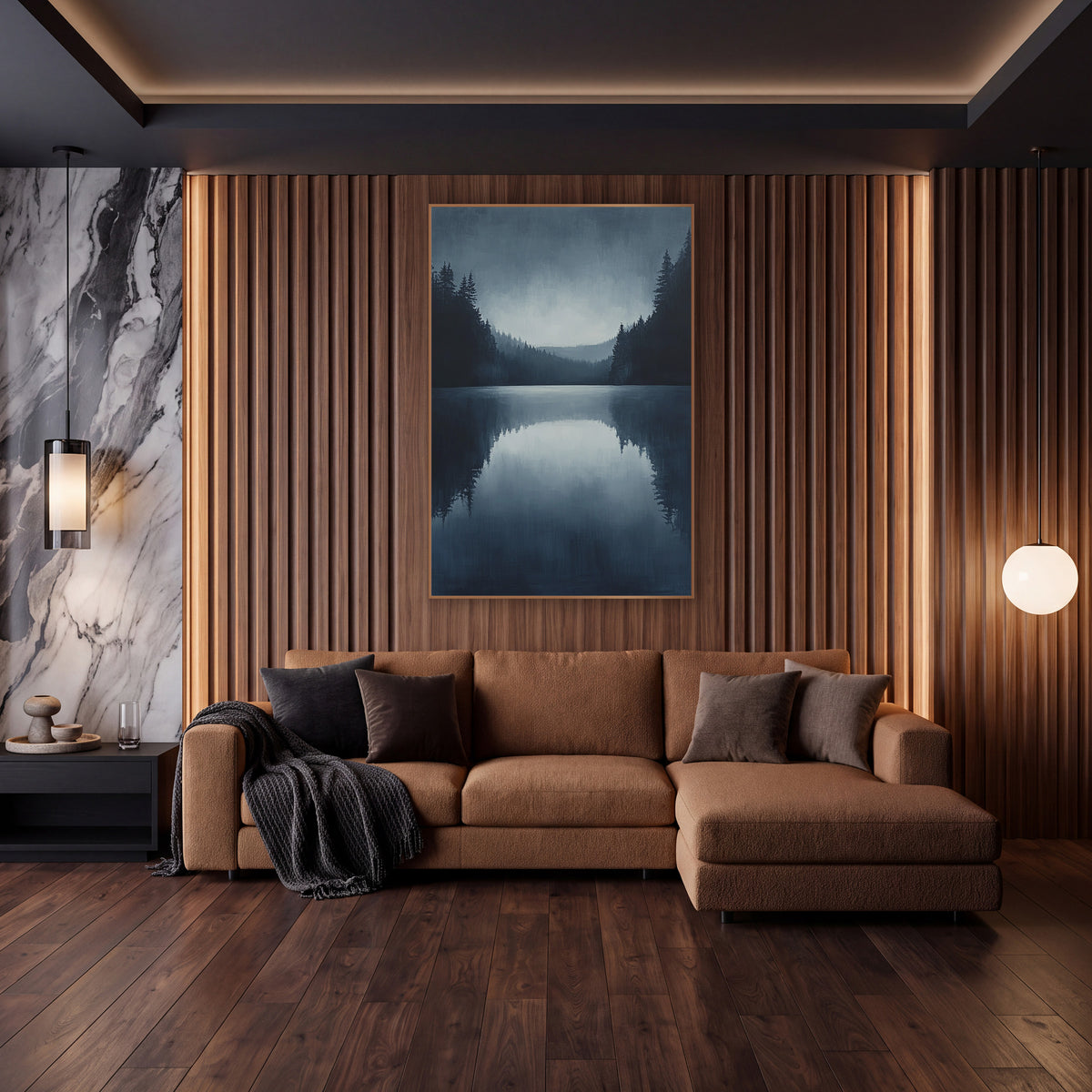 Misty Evergreen Lake Reflection Landscape wall art in an elegant modern room – still lake framed by dark evergreens