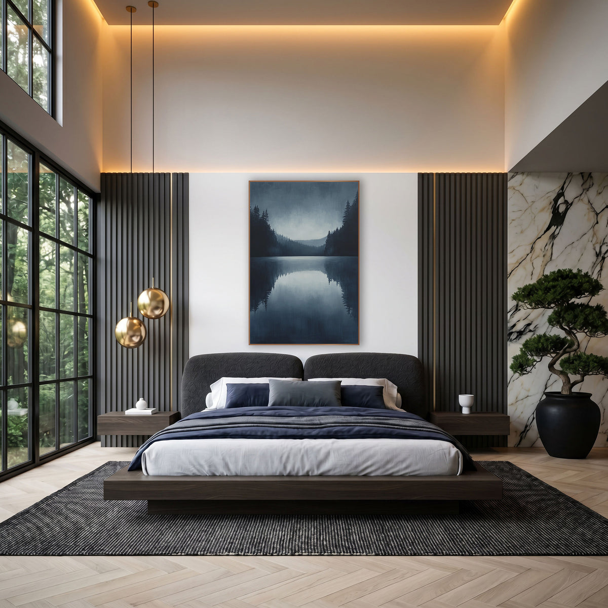 Misty Evergreen Lake Reflection Landscape wall art in an elegant modern room – still lake framed by dark evergreens