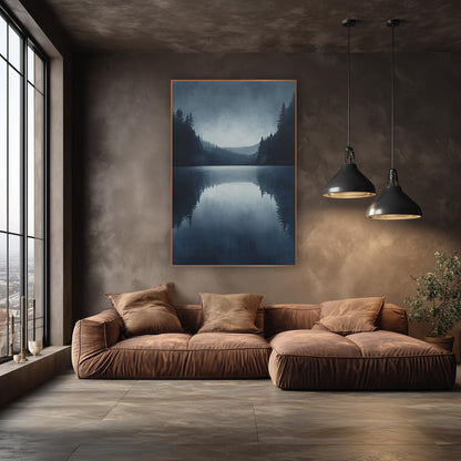 Misty Evergreen Lake Reflection Landscape wall art in an elegant modern room – still lake framed by dark evergreens