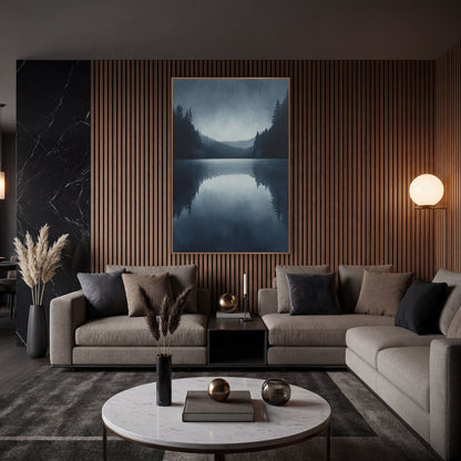 Misty Evergreen Lake Reflection Landscape wall art in an elegant modern room – still lake framed by dark evergreens