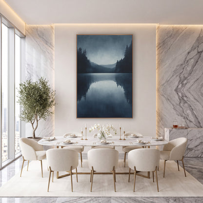 Misty Evergreen Lake Reflection Landscape wall art in an elegant modern room – still lake framed by dark evergreens