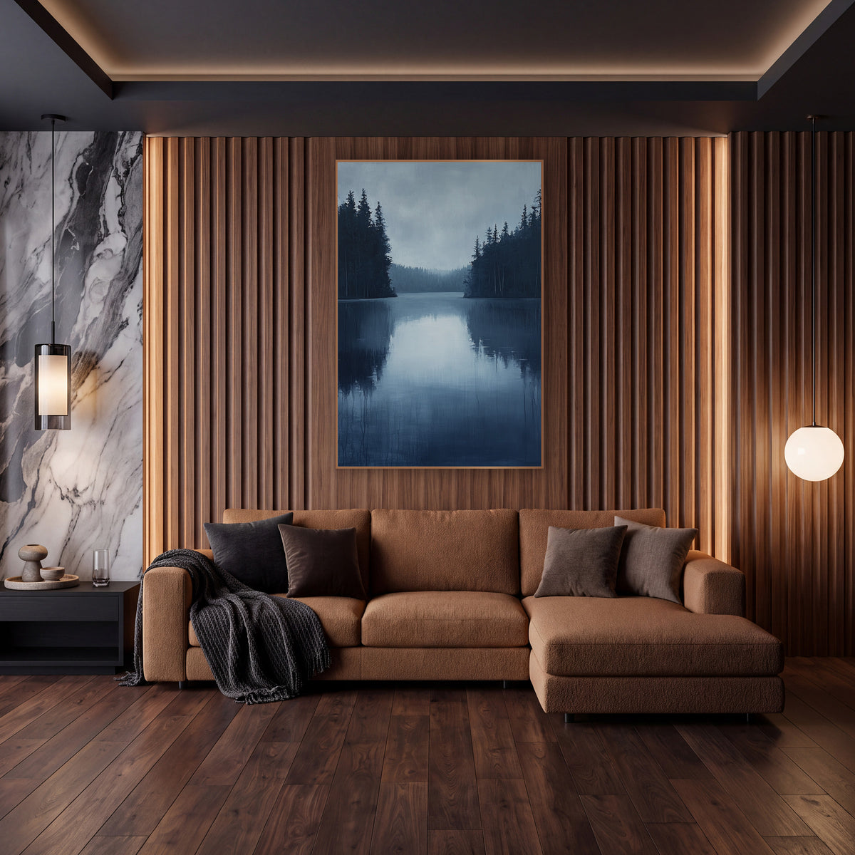 Misty Evergreen Lake Landscape wall art in an elegant modern room – still blue lake between dark evergreen shores