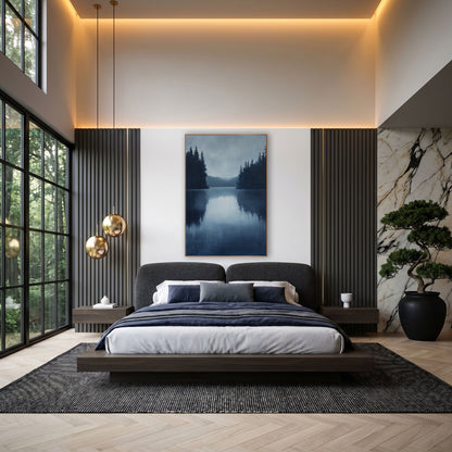 Misty Evergreen Lake Landscape wall art in an elegant modern room – still blue lake between dark evergreen shores
