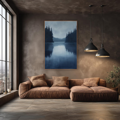 Misty Evergreen Lake Landscape wall art in an elegant modern room – still blue lake between dark evergreen shores